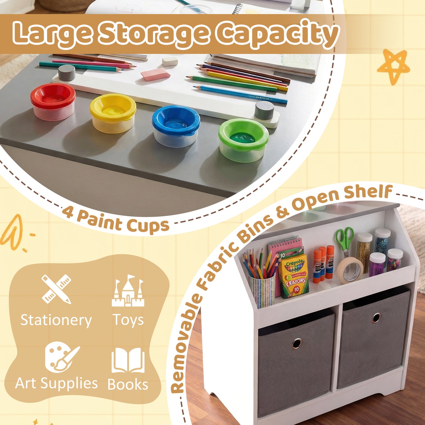 Kids Art Table and Stool Set with Paper Roll and Storage