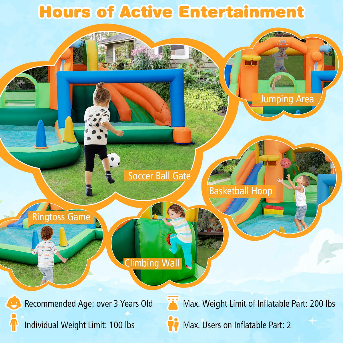 Kids Inflatable Water Slide with Soccer Gate and 750W Blower