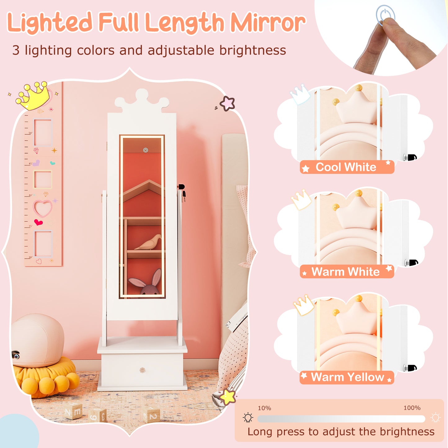 Kids Jewelry Armoire with Lighted Mirror - 45" Tall
