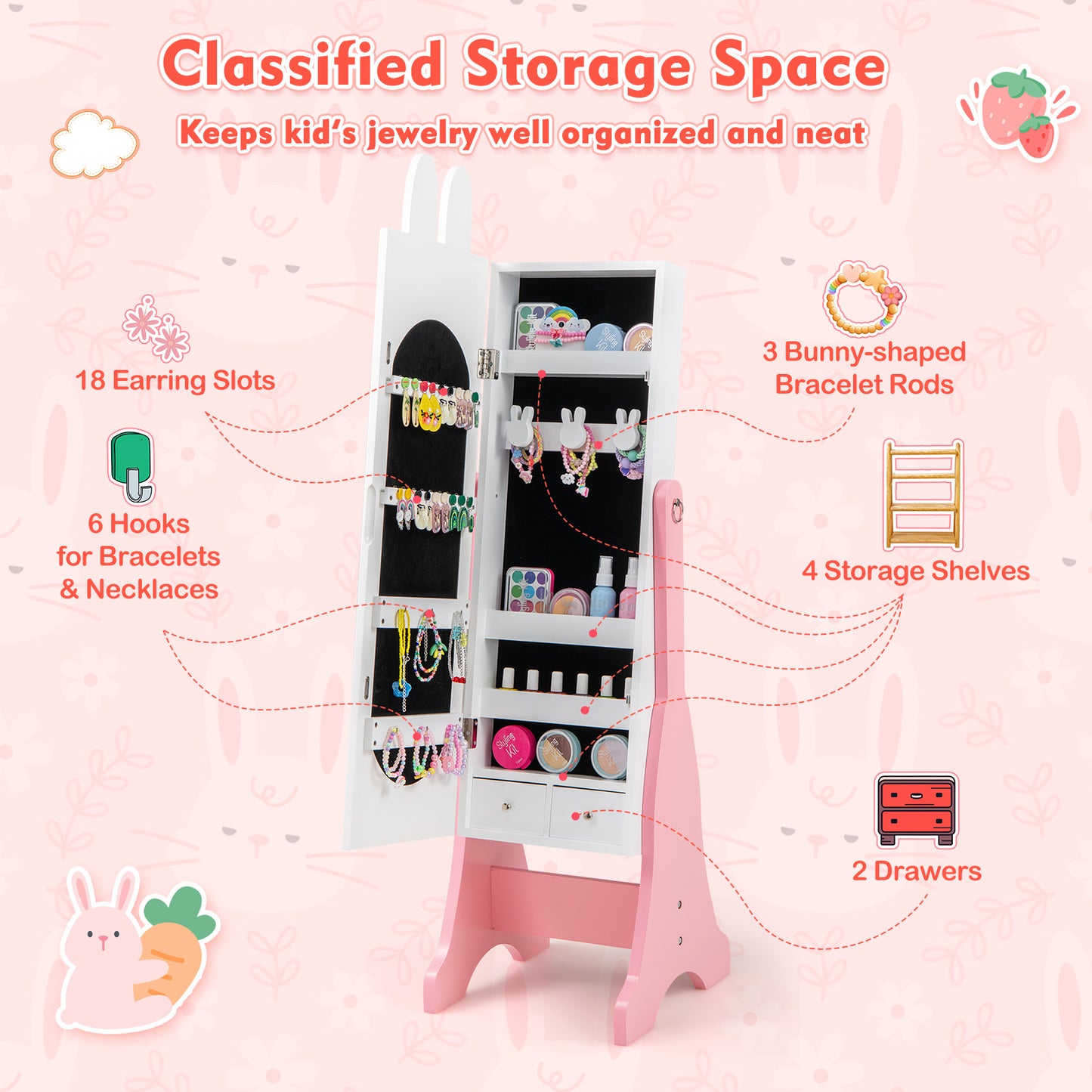 Kids Jewelry Armoire with Full-Length Mirror and 2 Drawers