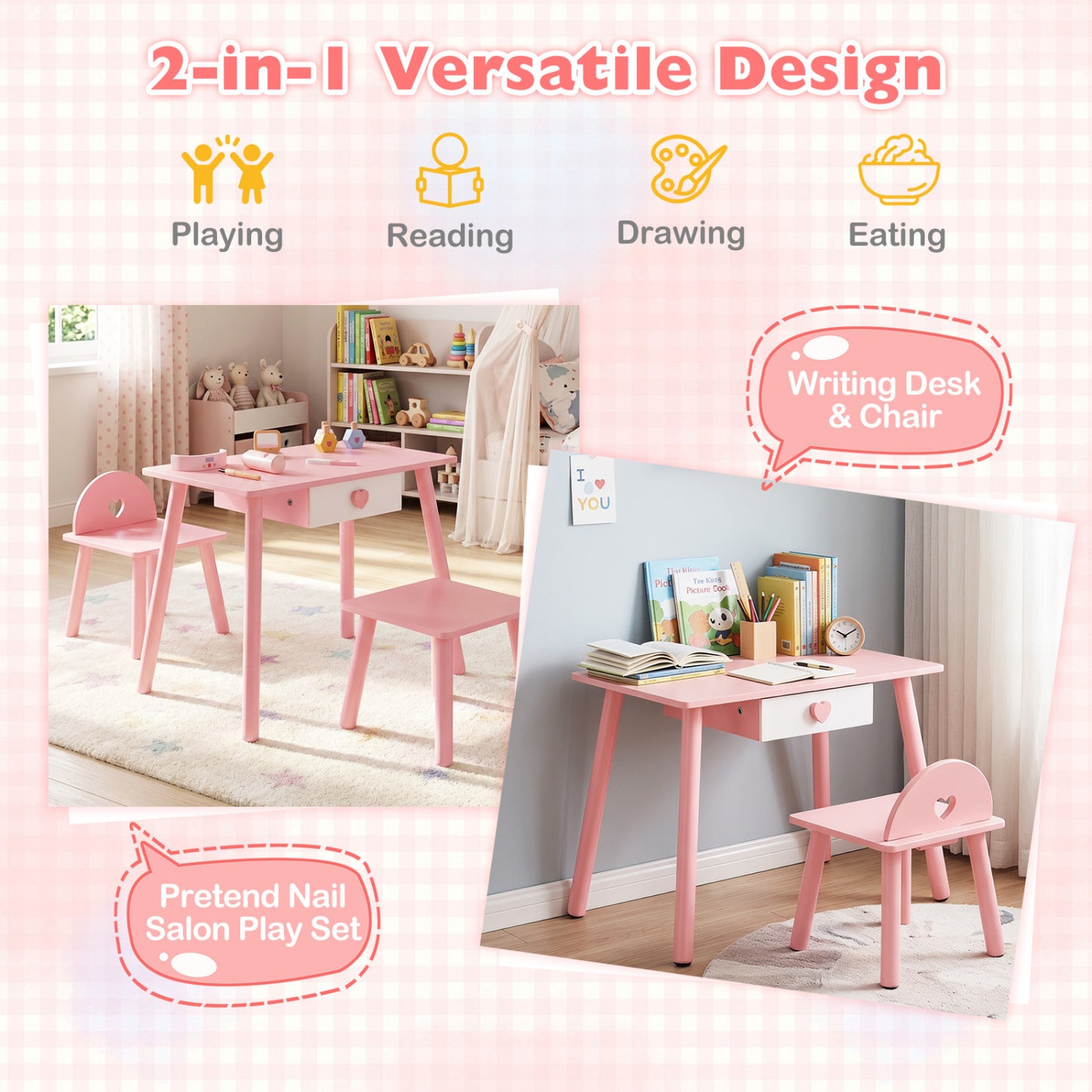 Kids Pretend Nail Salon Playset with Table and Stools - Pink