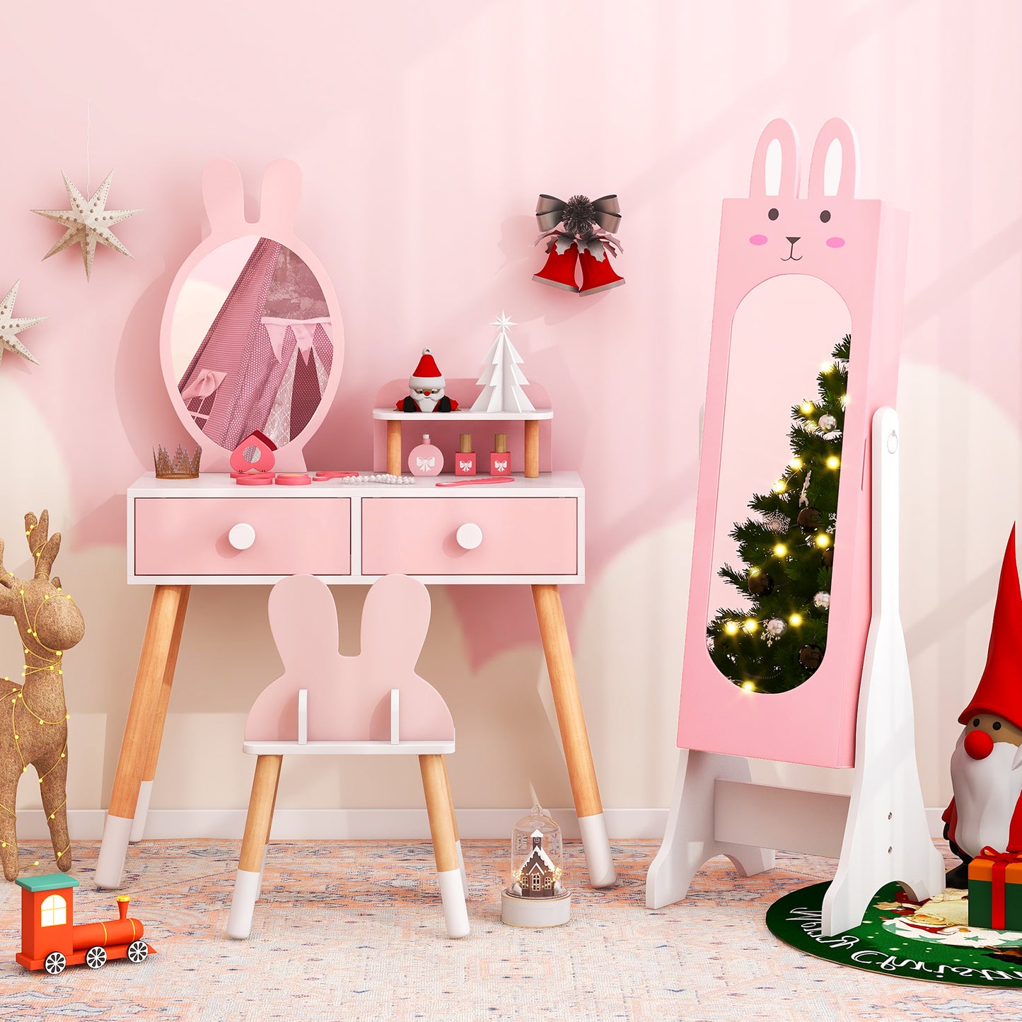 Kids Vanity Table Set with Mirror, Chair & Jewelry Armoire