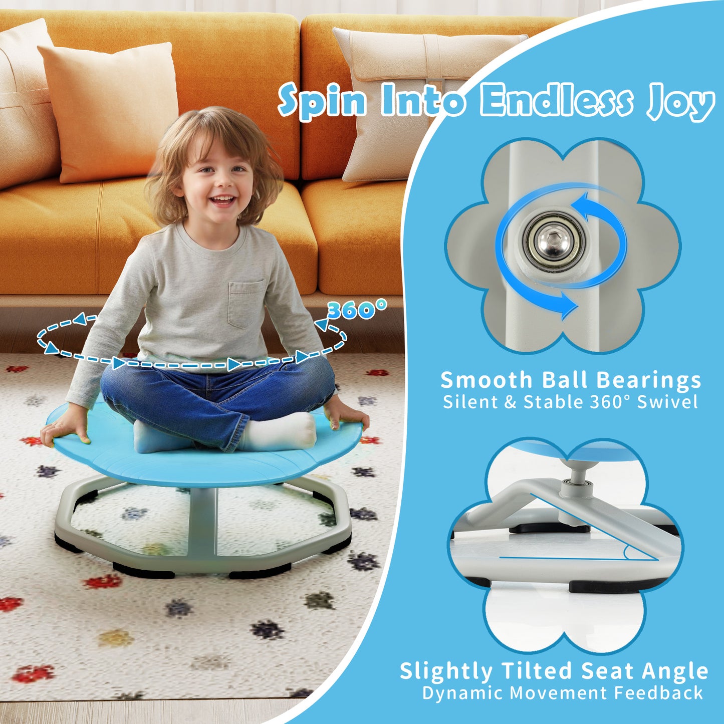 Kids Sensory Swivel Chair 360° Spinning Seat with Metal Base