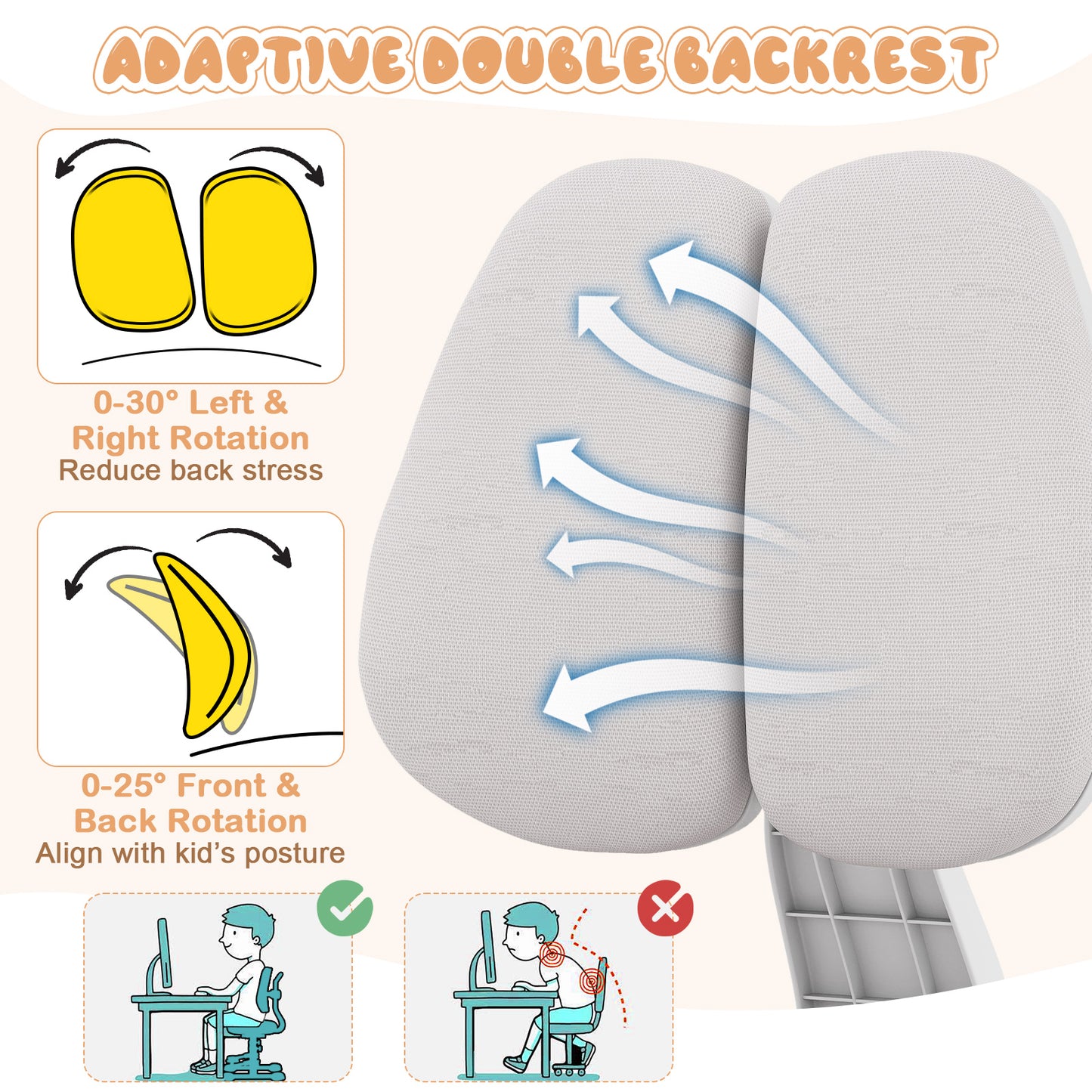 Adjustable Kids Study Chair with Double Backrest and Footrest