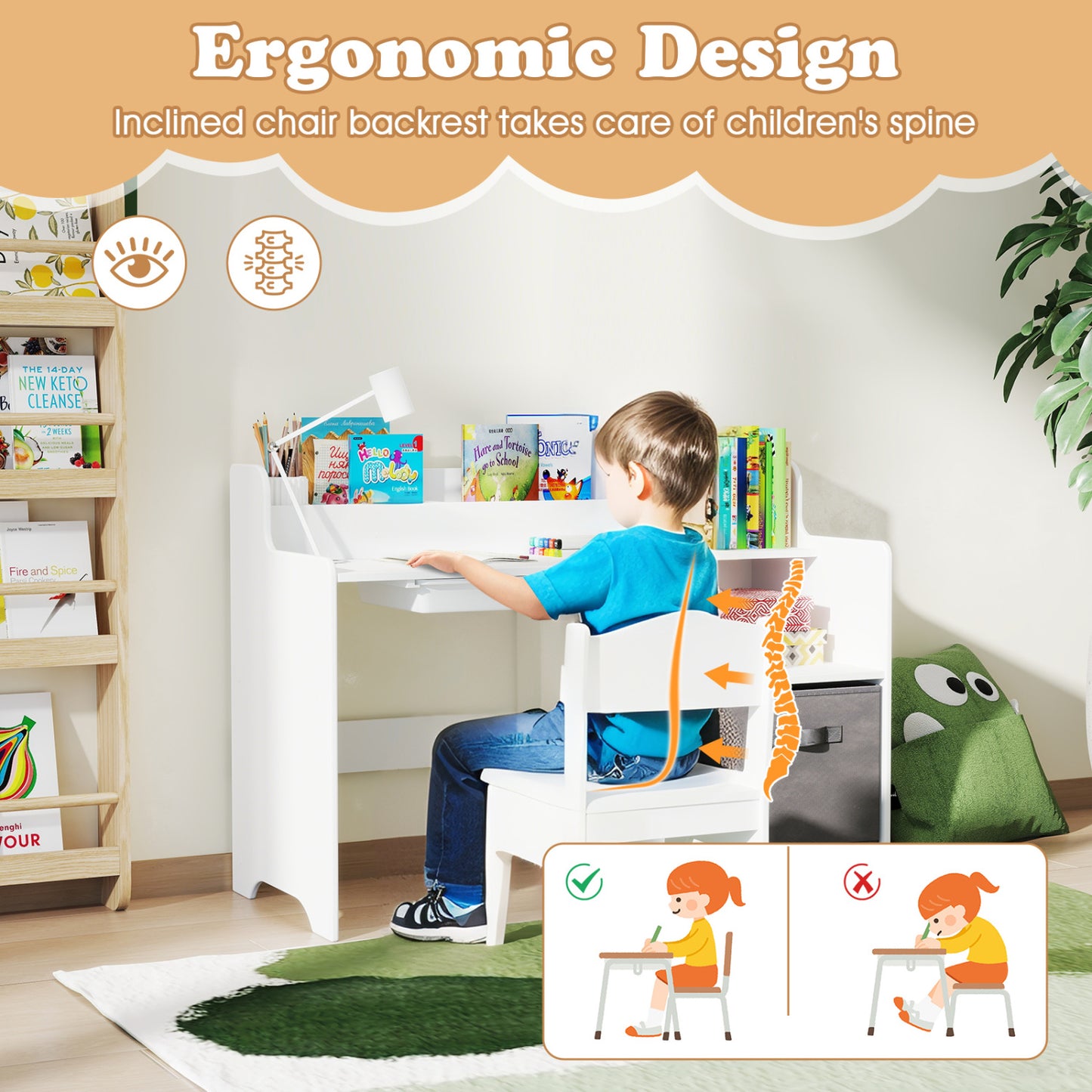 Kids Study Desk and Chair Set with Storage Shelves and Drawer