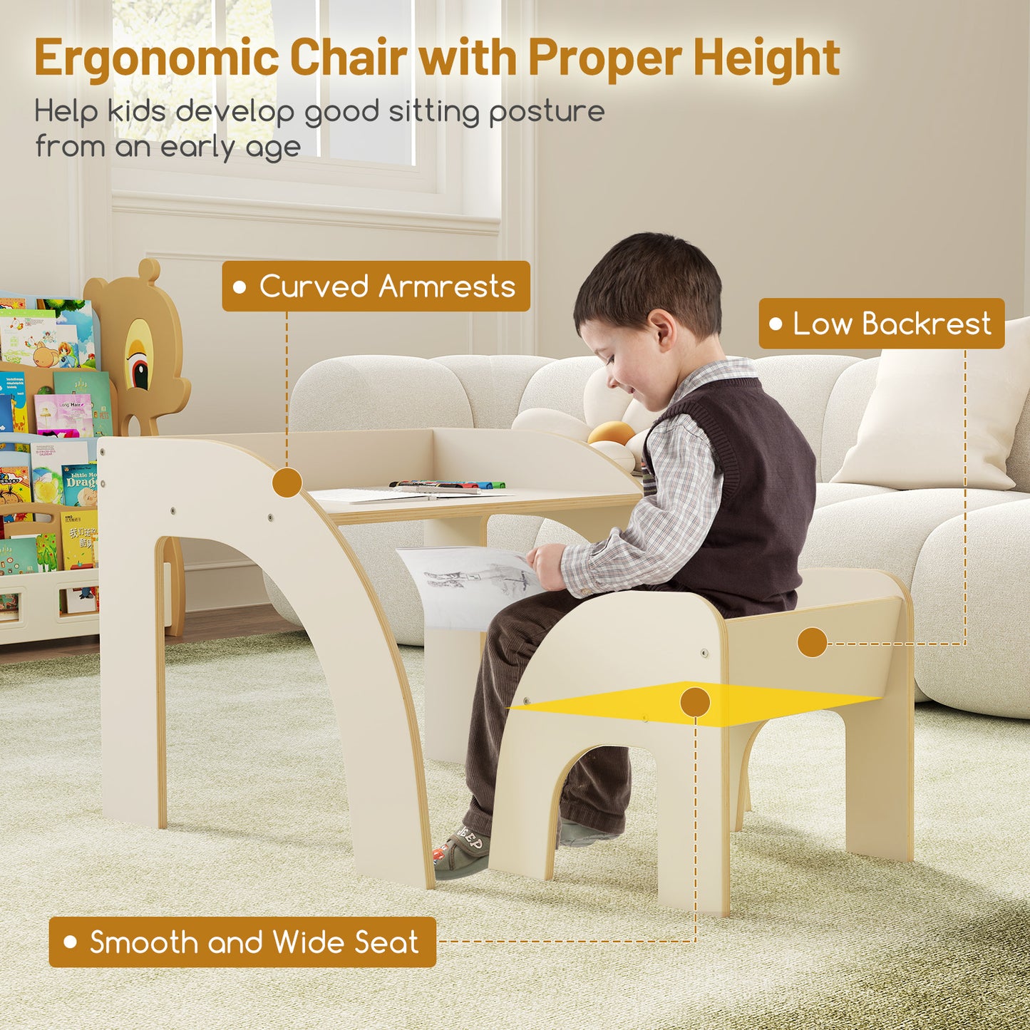 Kids Table and Chair Set with Wide Tabletop - Natural Wood