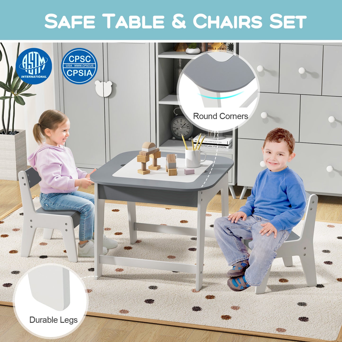 Kids Table and Chair Set with Double-Sided Tabletop