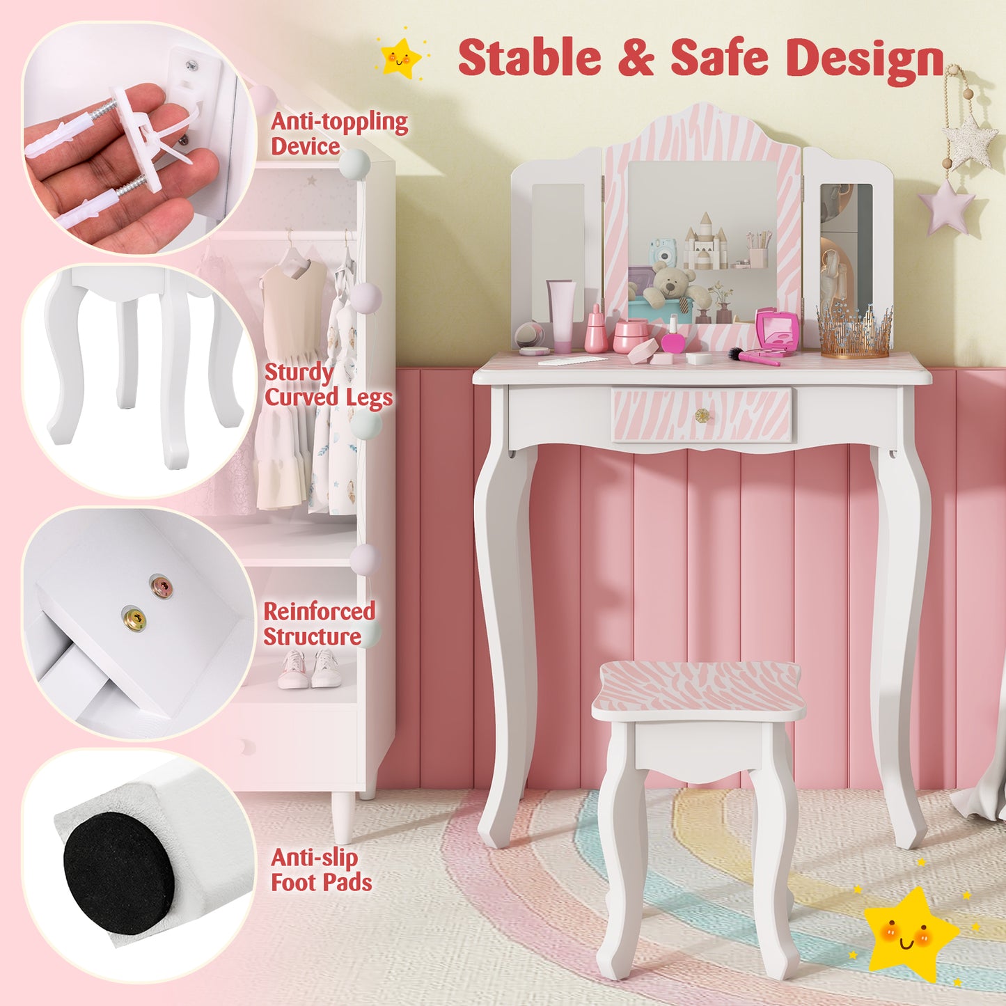 Kids Vanity Set with Drawer and Mirror - Pink
