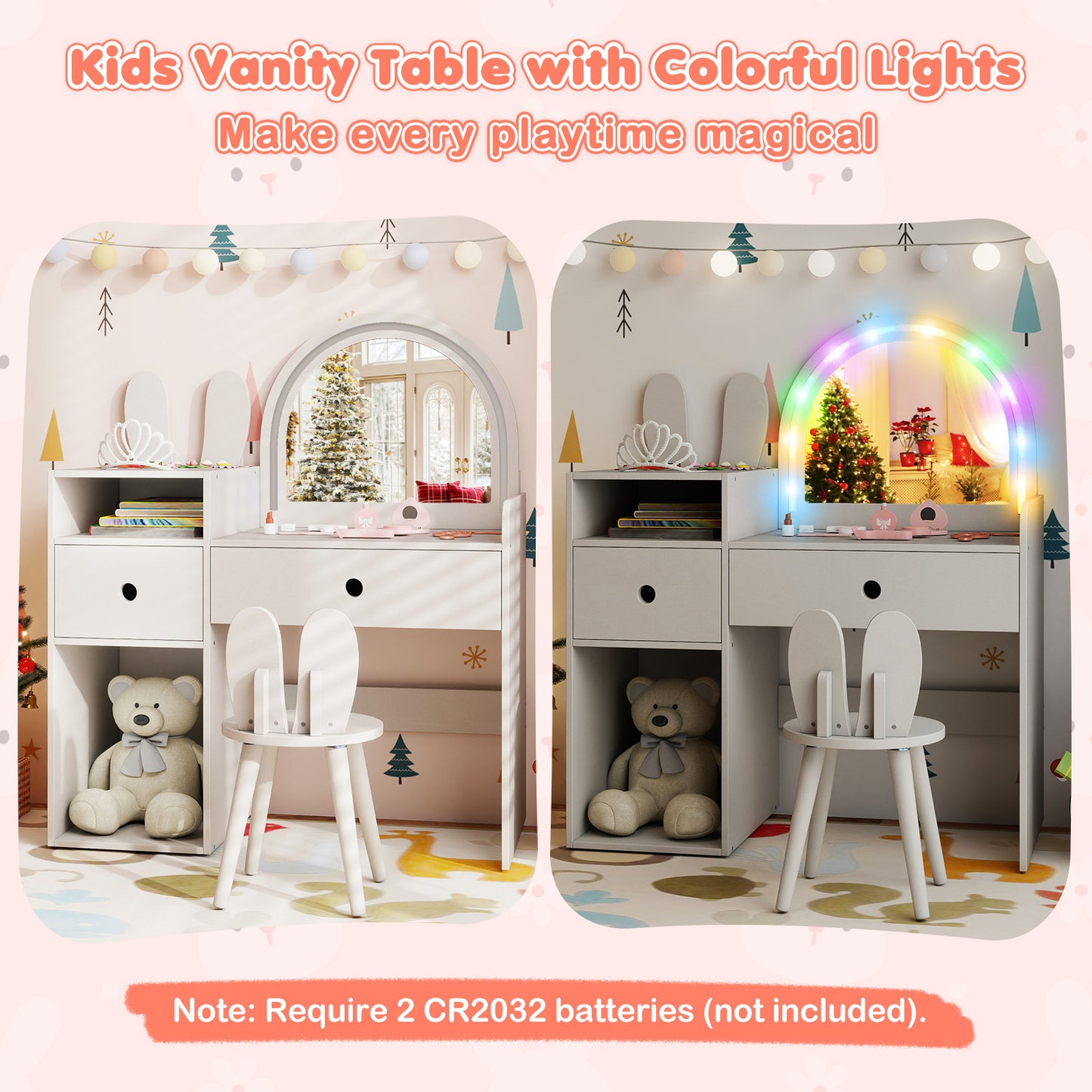 Kids Vanity Desk and Chair Set with Lighted Mirror