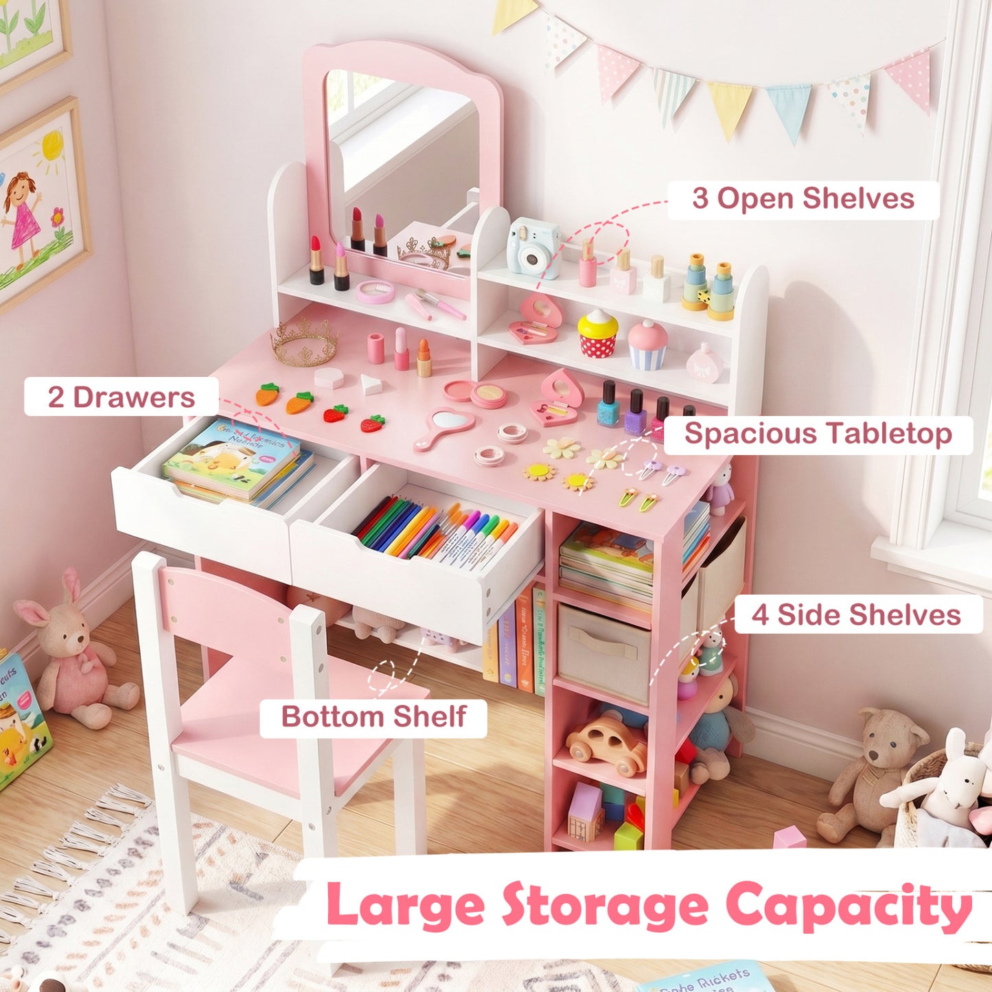 Kids Vanity Set with Chair and Mirror - Pink & White