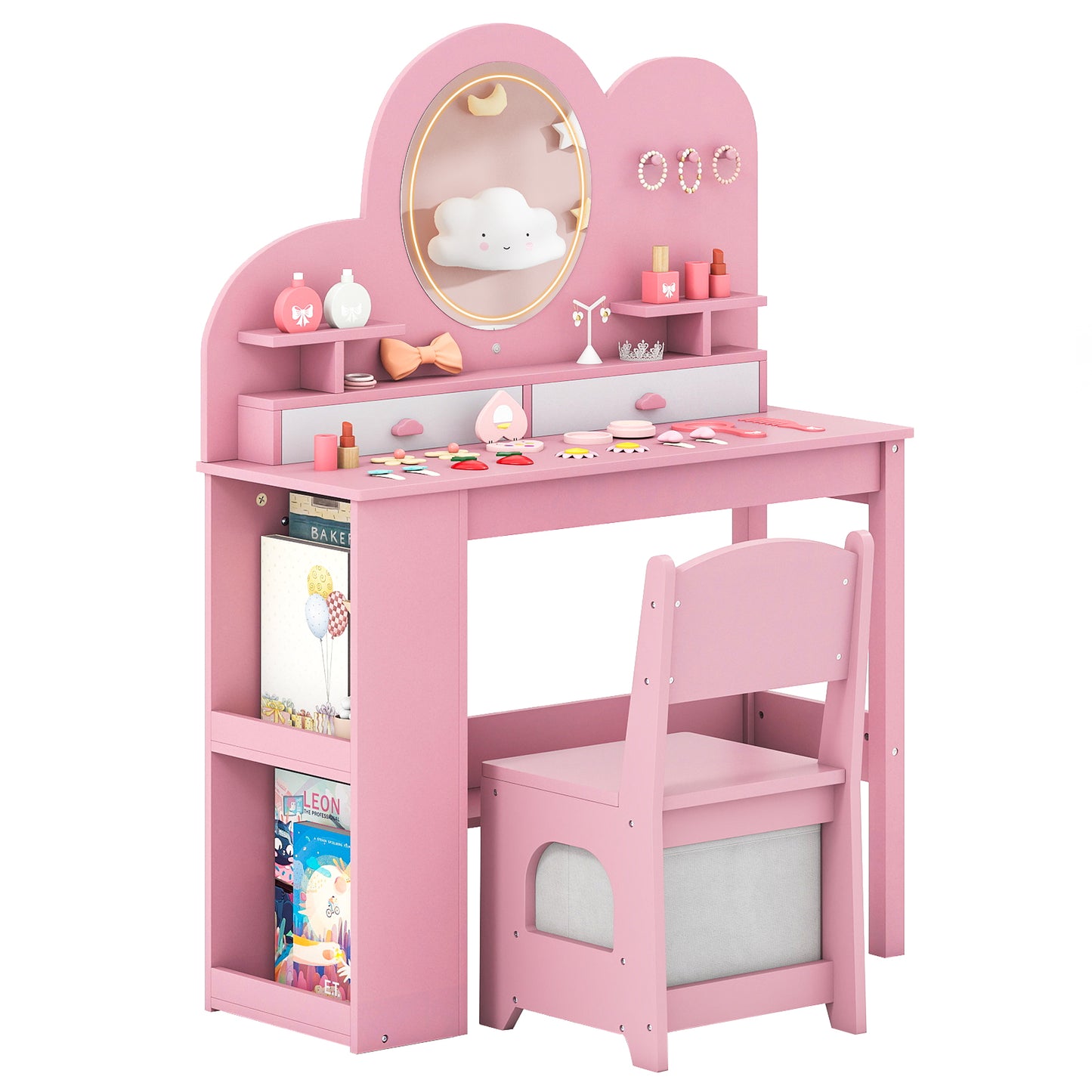 Kids Vanity Table and Chair Set with Lighted Mirror