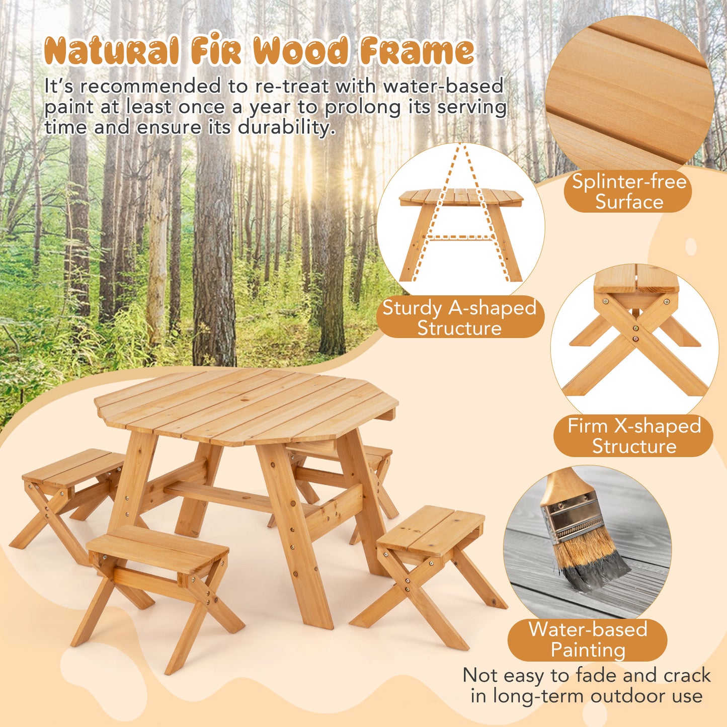 Kids Wooden Picnic Table Set with Umbrella and 4 Stools