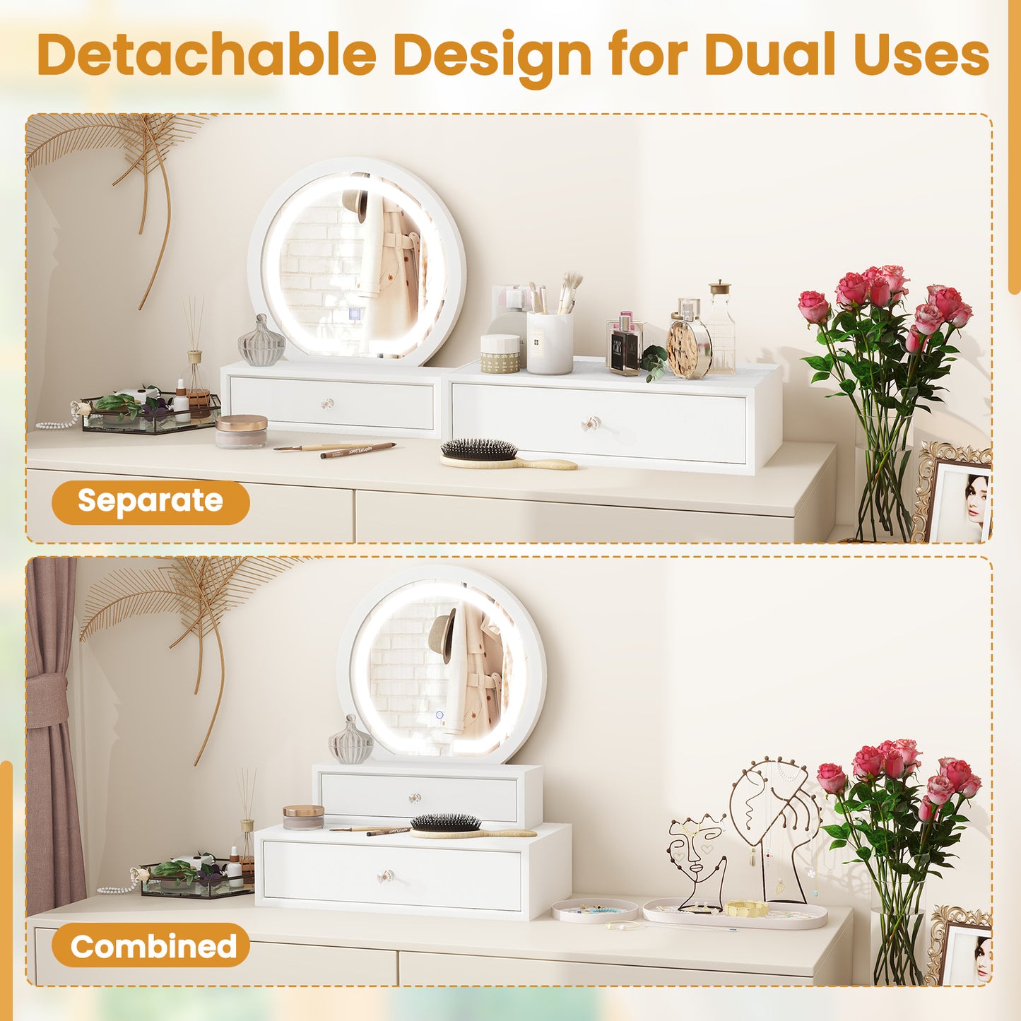 Vanity Mirror with LED Lights and Drawers - White