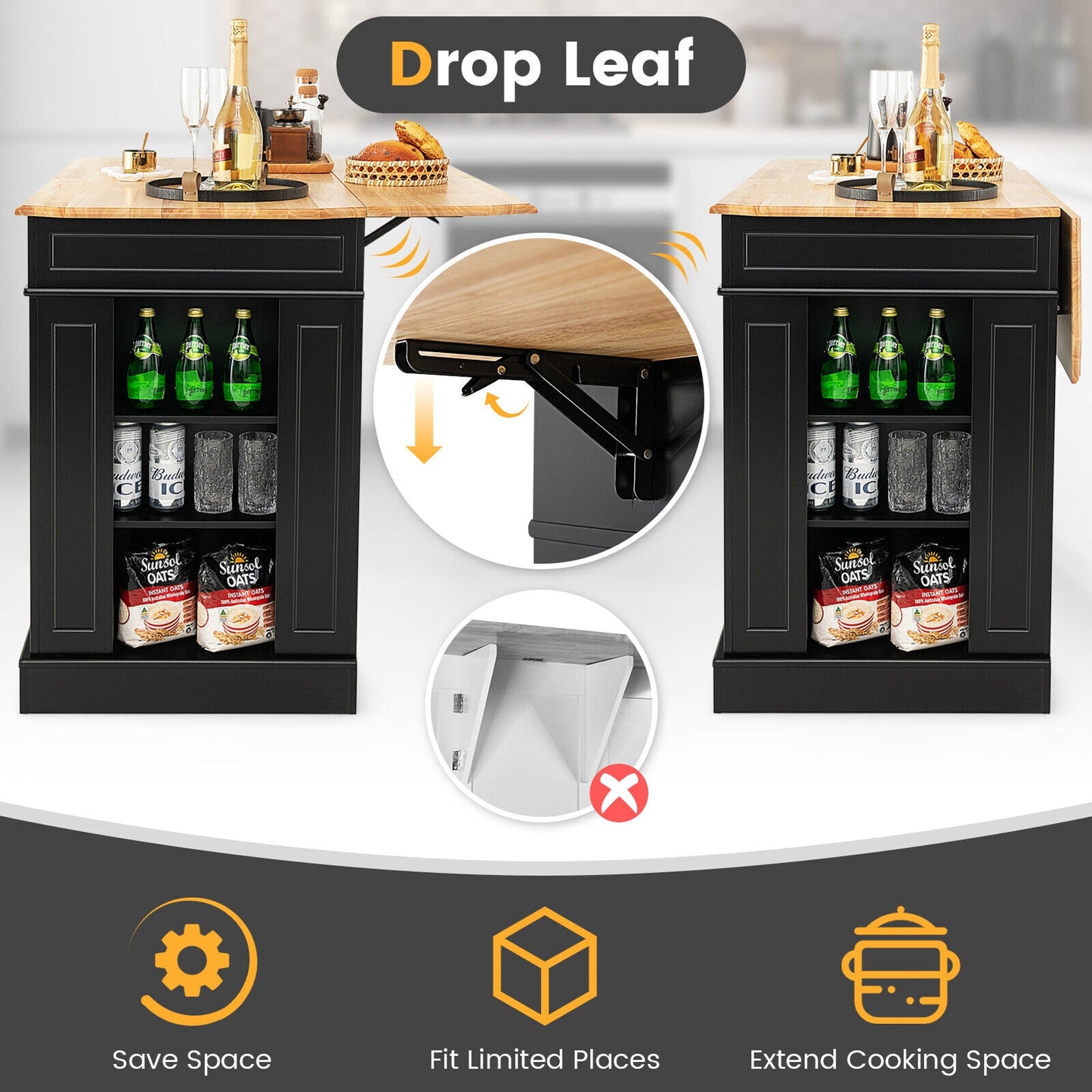Kitchen Island with Storage and 3-Level Adjustable Shelves