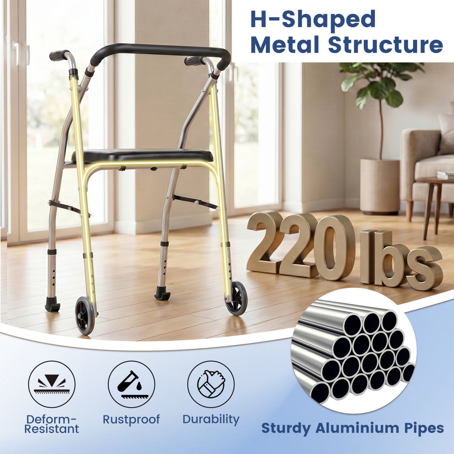 Aluminum Mobility Walker with Padded Seat & 2 Wheels