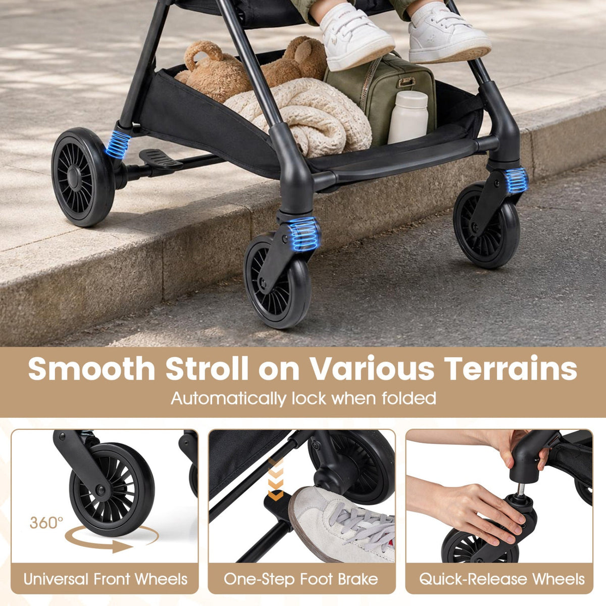 Lightweight Travel Stroller with Canopy and Storage Basket