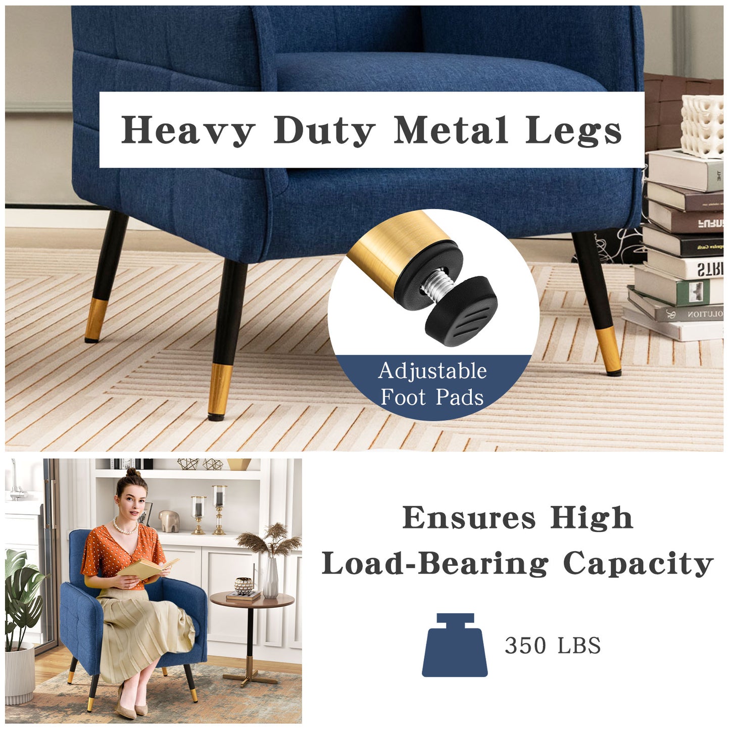 Blue Linen Accent Chair with Removable Cushion