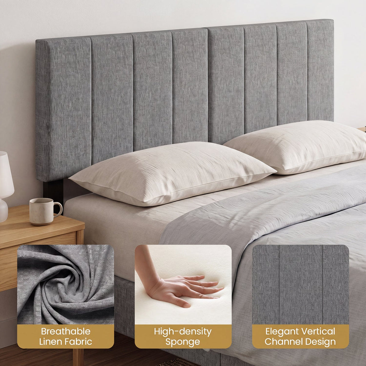 Adjustable Width Upholstered Headboard with Vertical Tufting