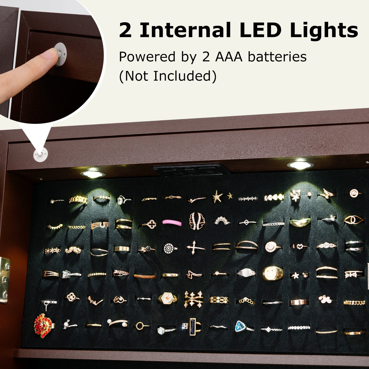 Mirrored Jewelry Armoire with LED Lights and Lock - Brown