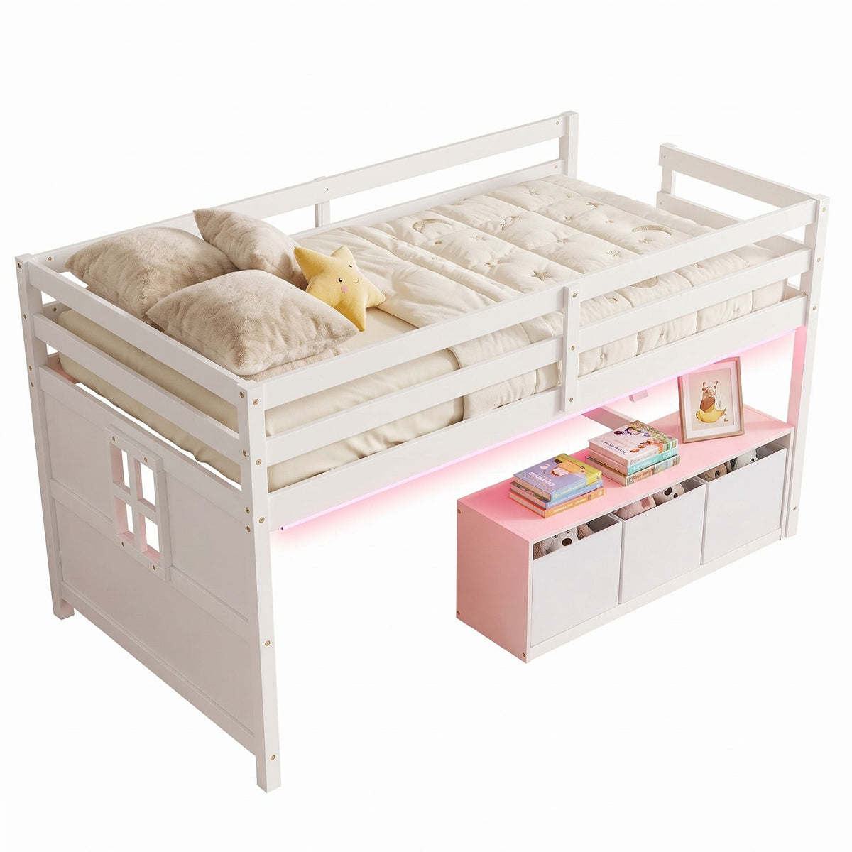 Loft Bed with Adjustable Lights Remote Control and 3 Removable Fabric Drawers-Twin size