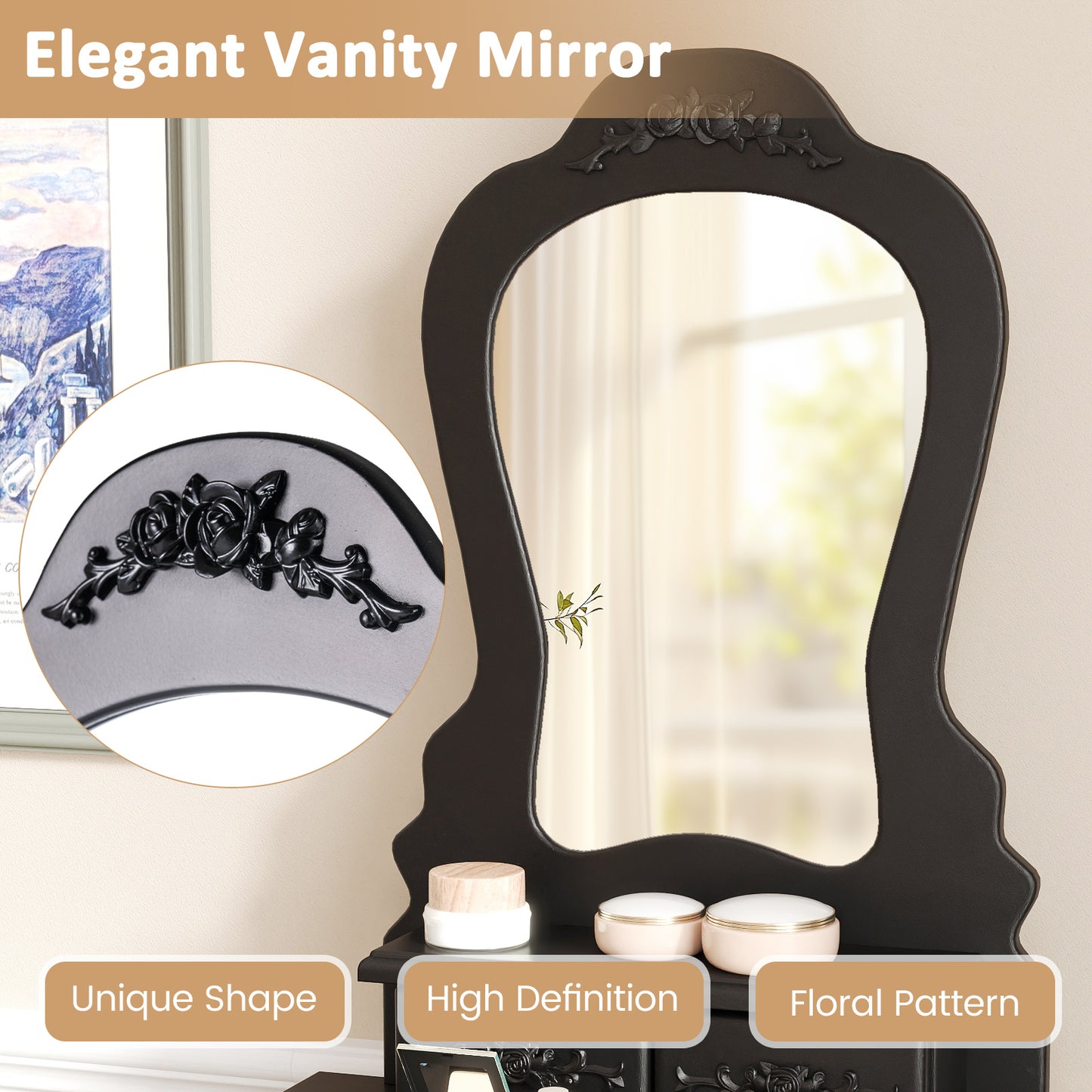 Makeup Vanity Table with Mirror, 3 Drawers & Cushioned Stool