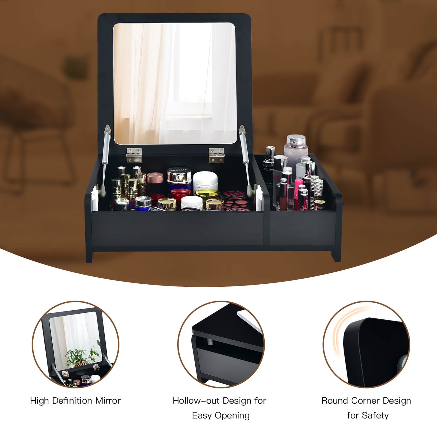 Flip-Top Makeup Vanity Table with Hidden Storage - Black