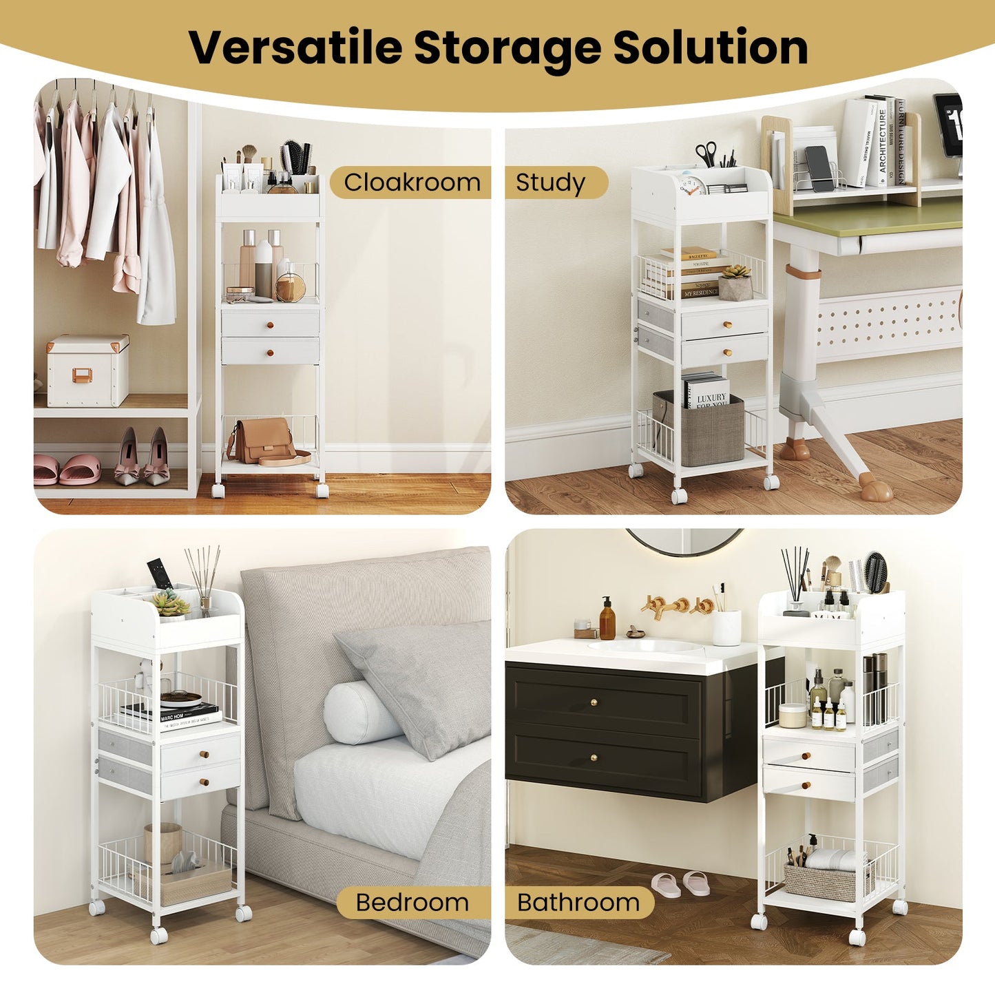 Makeup Organizer Floor Skincare Organizer Cart with Drawers and Storage Shelves-White