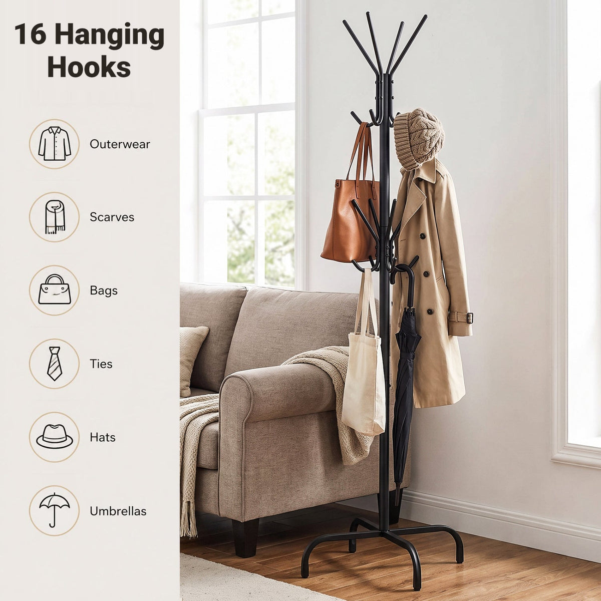 Freestanding Metal Coat Rack with 16 Hooks and 4 Legs