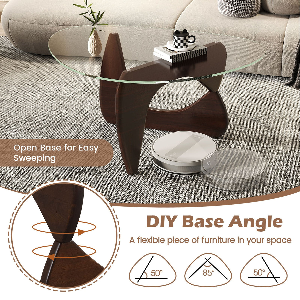 Triangle Coffee Table with Tempered Glass Top and Adjustable Rubber Wood Base