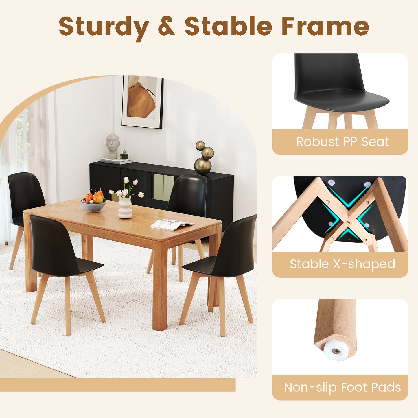Dining Chair Set of 2 with Beech Wood Legs and Tilt Backrest