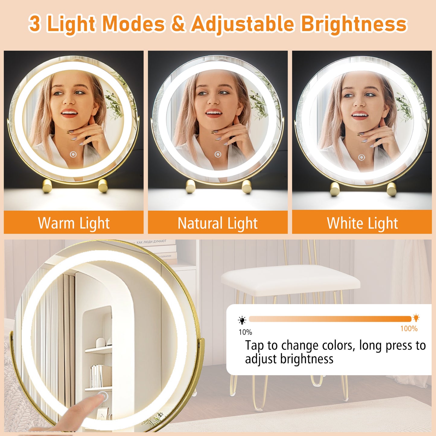 Vanity Table with LED Lighted Mirror and Storage Cabinet