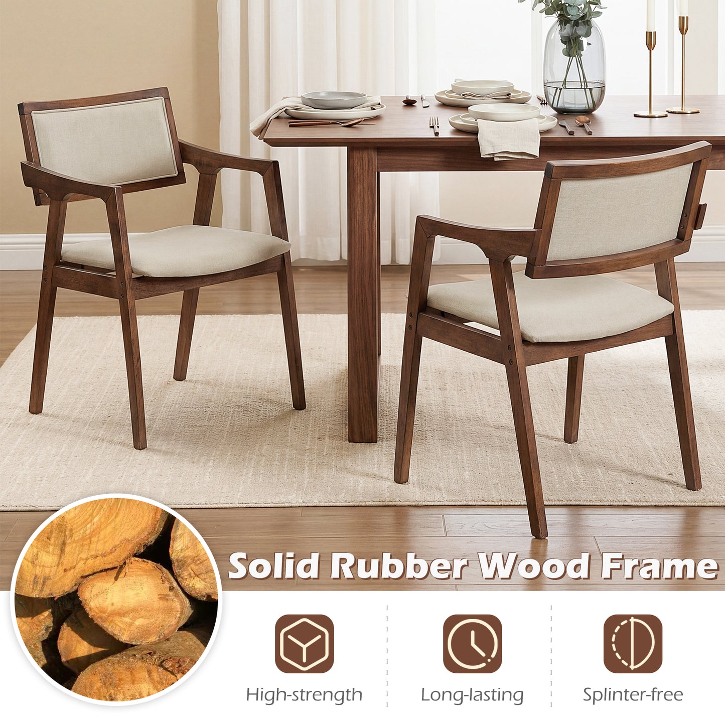 Upholstered Dining Chairs Set of 2 with Arms - Beige