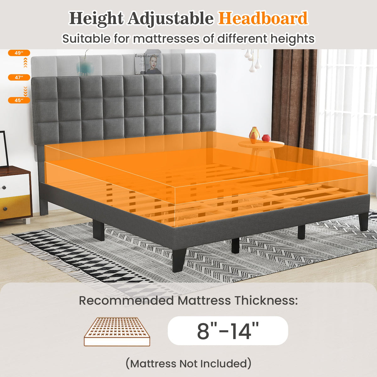 King Size Modern Linen Bed Frame with Adjustable Headboard-Gray