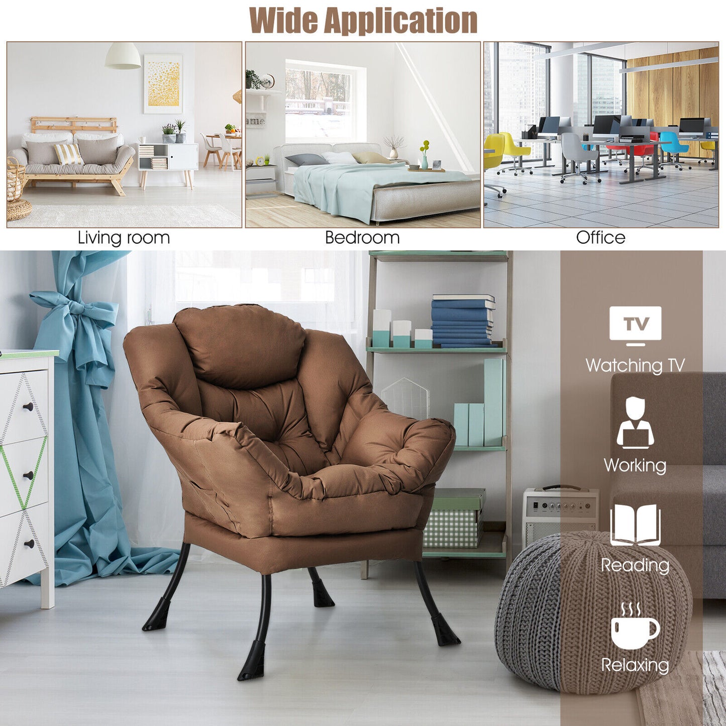 Lazy Accent Chair with Steel Frame and Side Pocket
