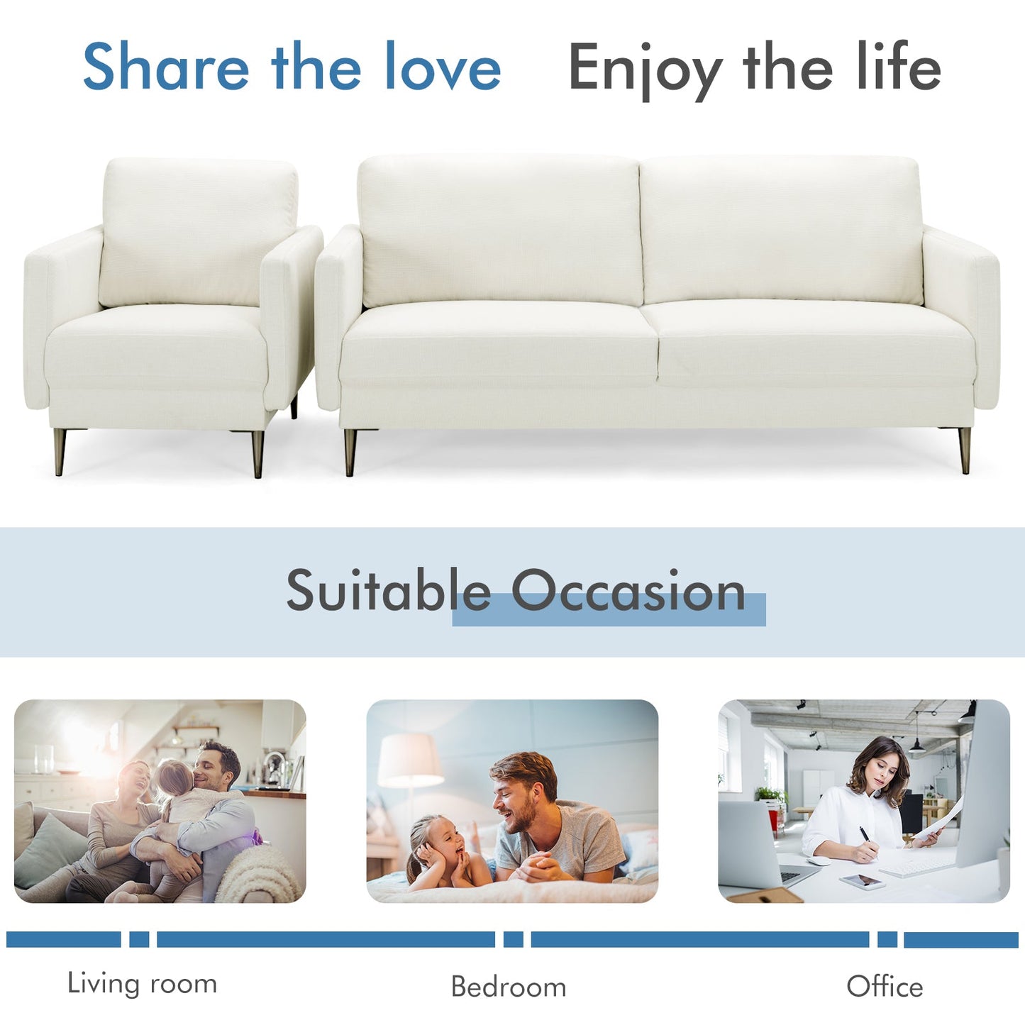 Modern Sofa Couch with Solid Metal Legs and Removable Backrest Cushion-Gray