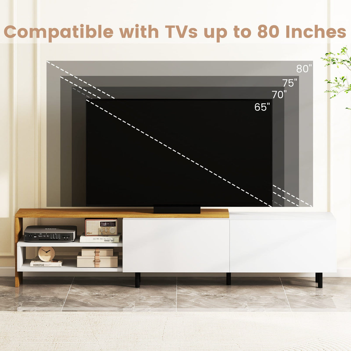 Modern TV Stand for 80 Inches TVs with Storage Shelves and Cabinets-White