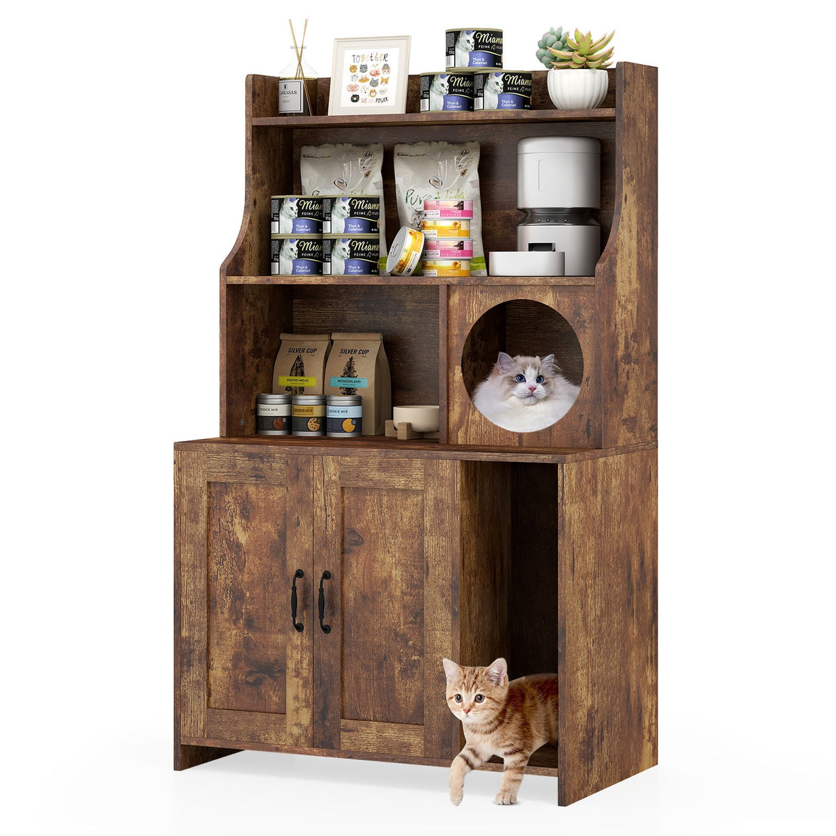 Modern Wooden Industrial Cat Litter Box Enclosure with Storage Shelves-Brown
