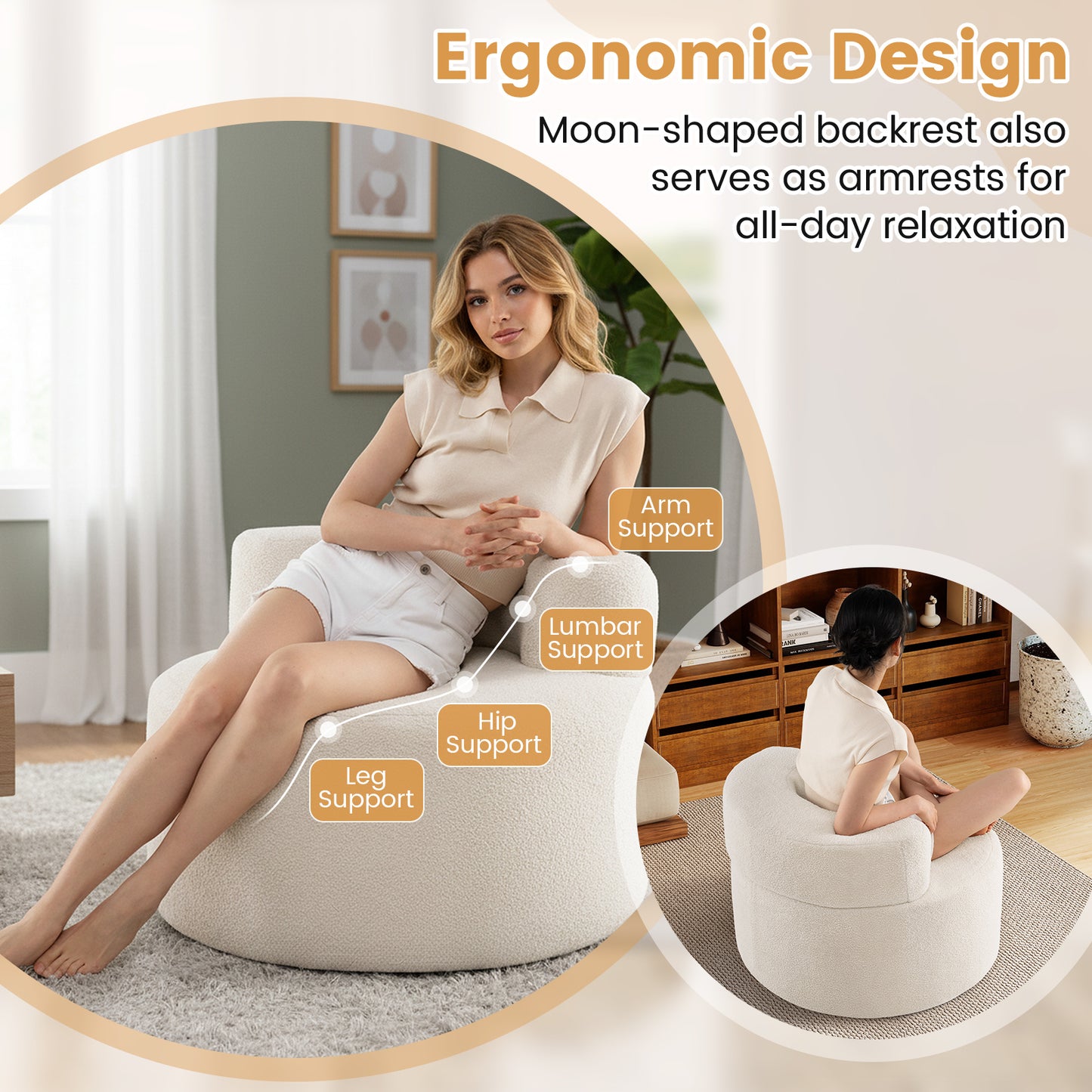 Moon-Shaped Floor Sofa Chair with Teddy Fleece - Beige