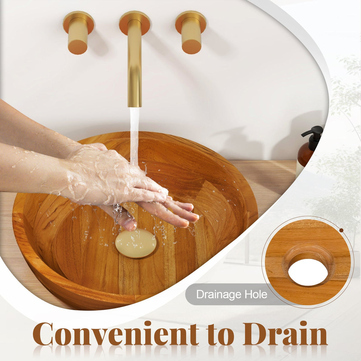 16 Inch Teak Wood Washbasin with Drainage Hole and Rounded Corners
