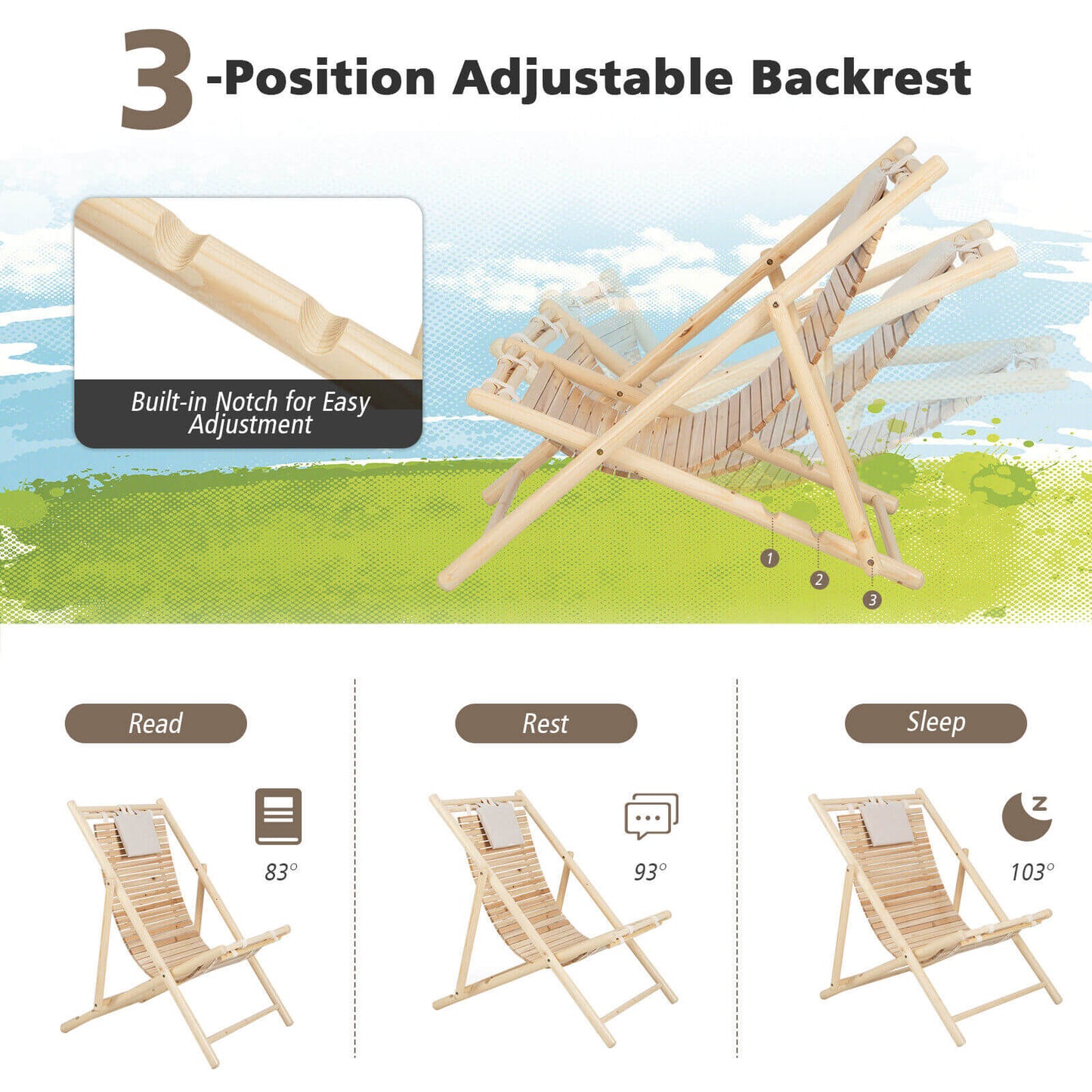 Fir Wood Lounge Chair with Adjustable Backrest