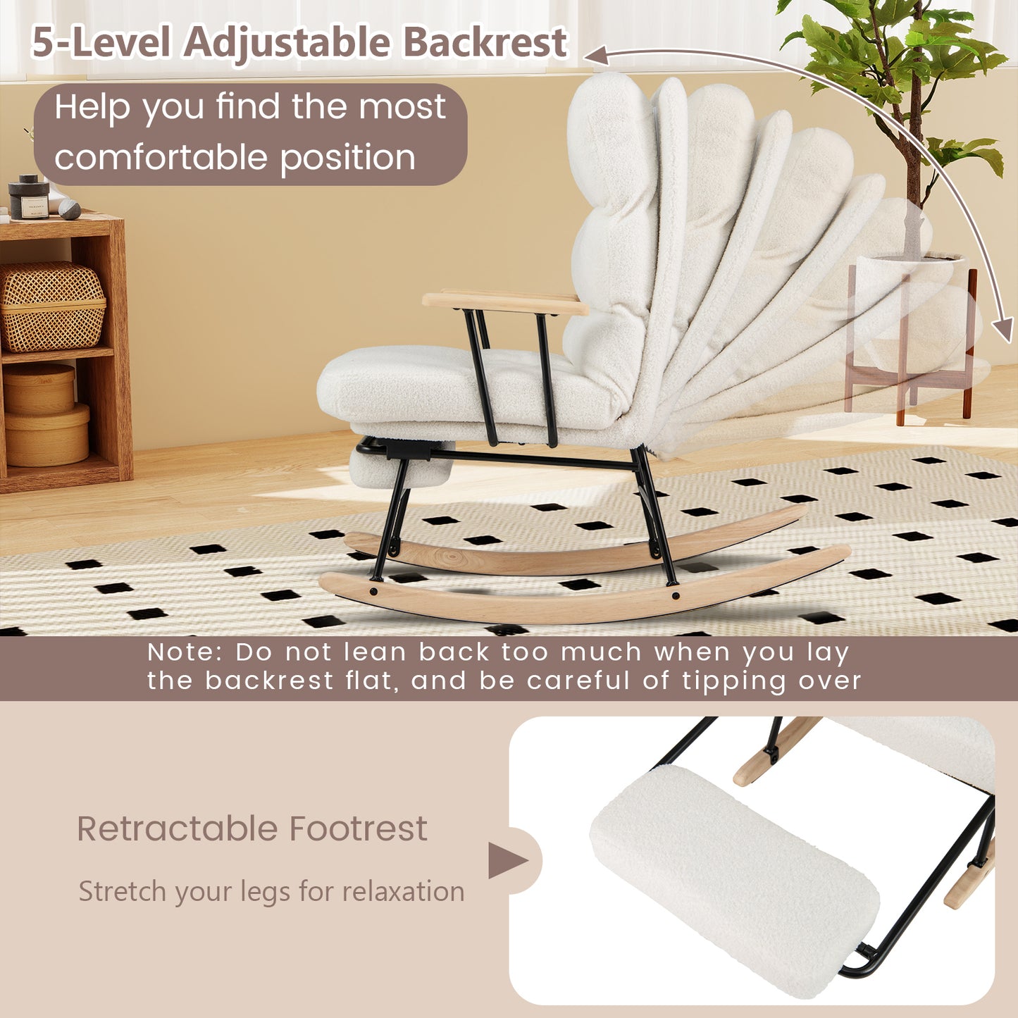 Teddy Velvet Rocking Chair with Adjustable Backrest