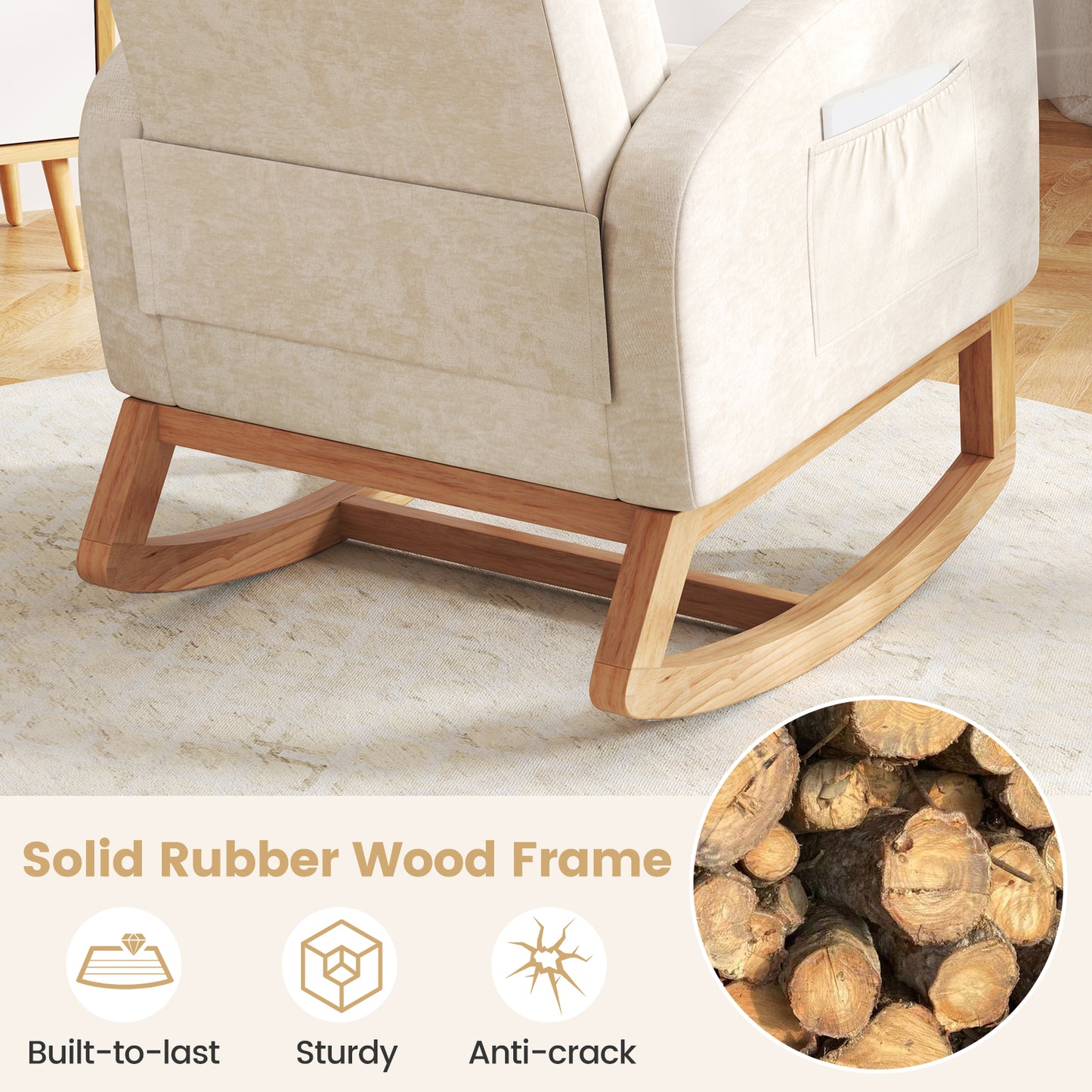 Upholstered Rocking Chair with Rubber Wood Frame