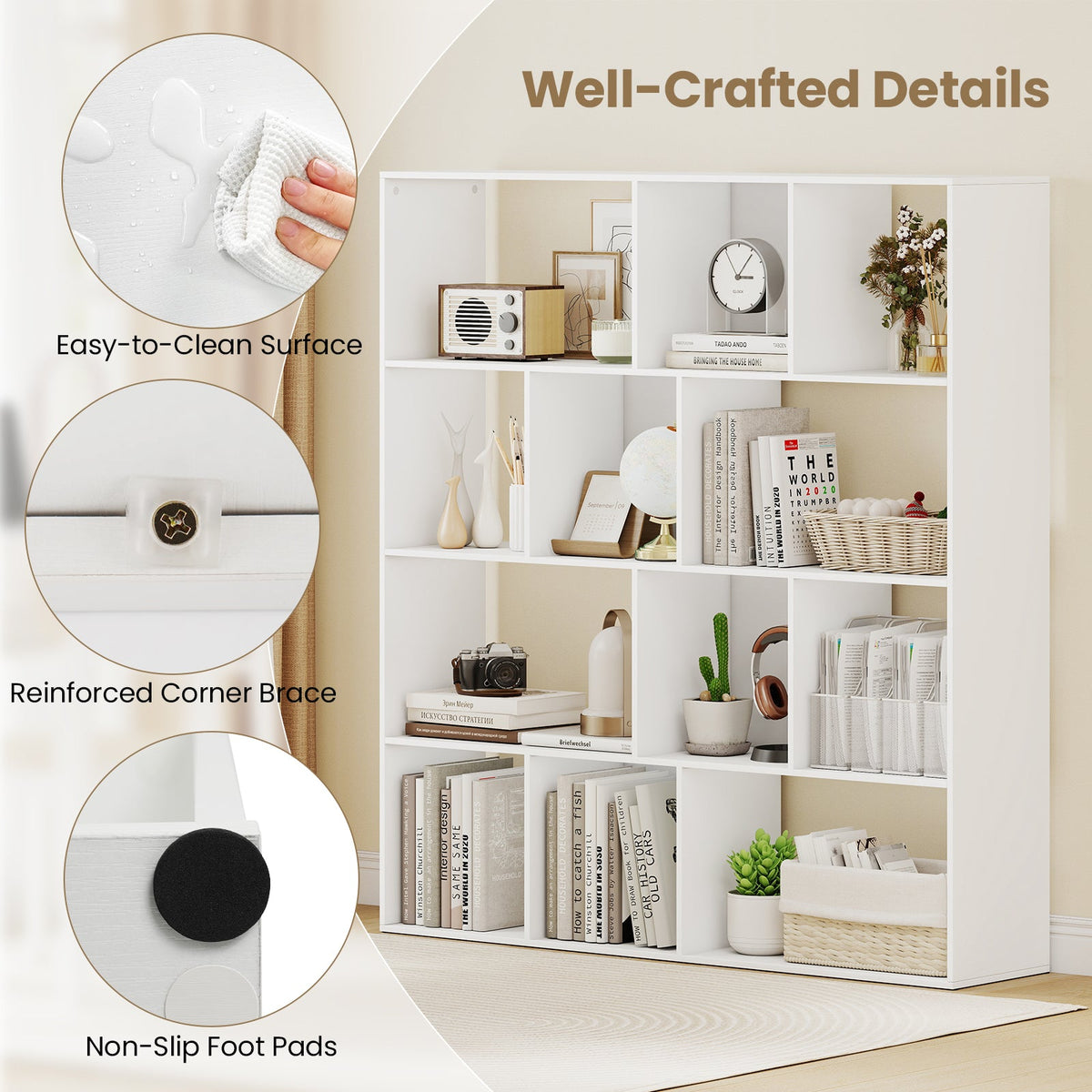 Open Shelf Bookcase 4-Tier Modern Bookshelf with 12 Storage Compartments-White