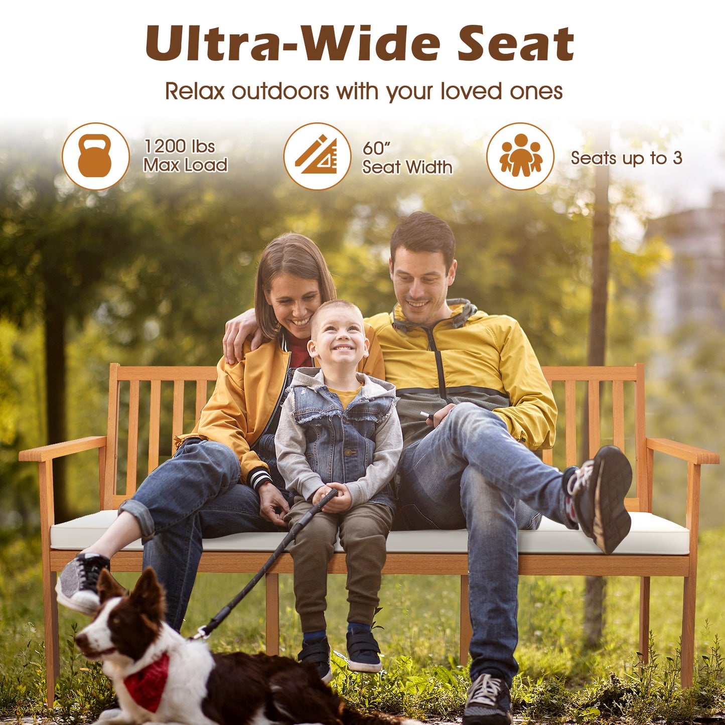 3-Seat Acacia Wood Outdoor Bench with Cushion