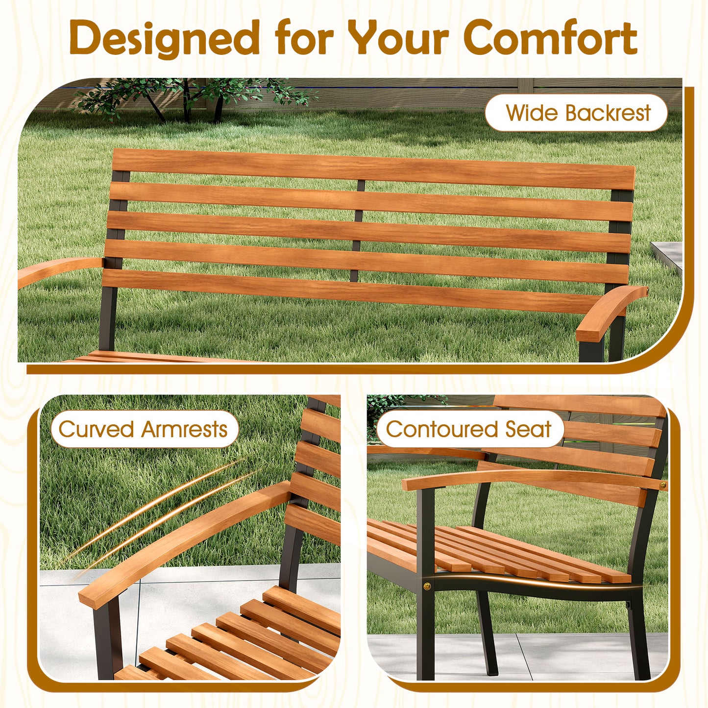 Acacia Wood Outdoor Bench with Backrest and Armrests
