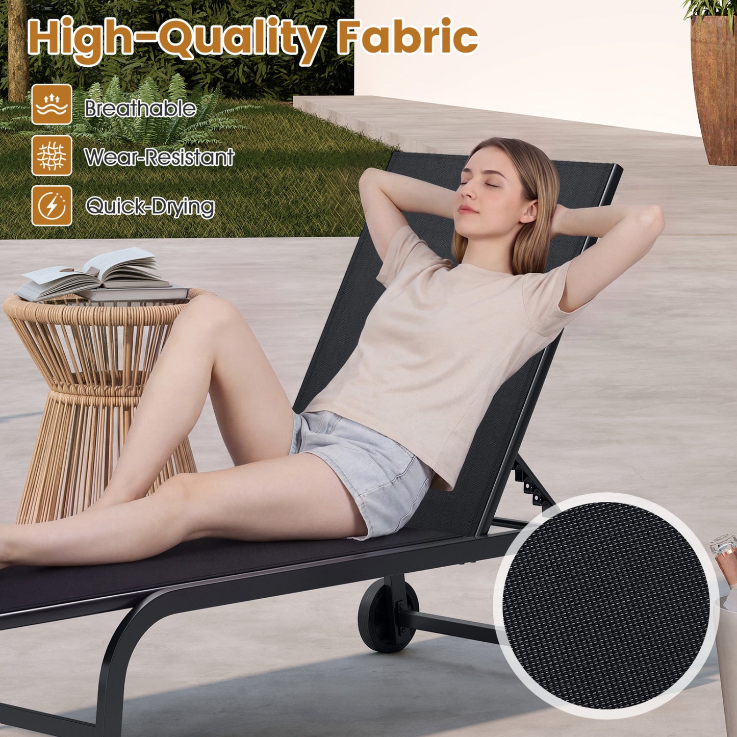 Outdoor Chaise Lounge Chair with Wheels and Adjustable Backrest