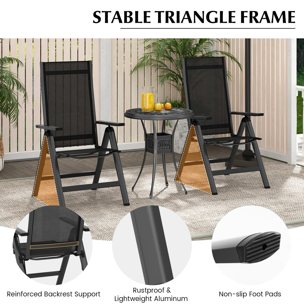 Outdoor Dining Chair with Soft Padded Seat and 7-Position Adjustable Backrest Set of 2-Black