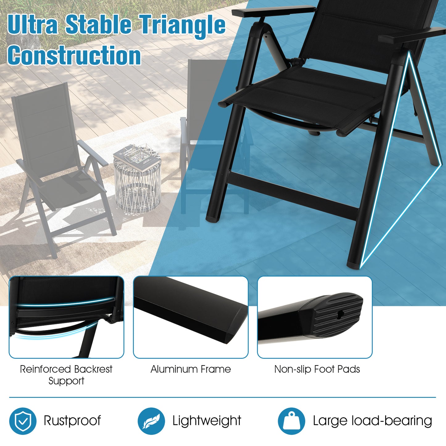 Outdoor Dining Chair with 7-Position Adjustable Backrest