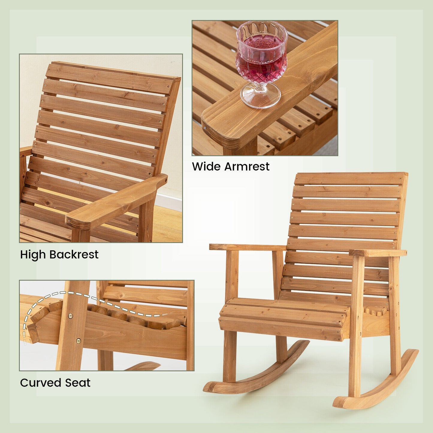 Fir Wood Rocking Chair with High Backrest for Outdoor Patio