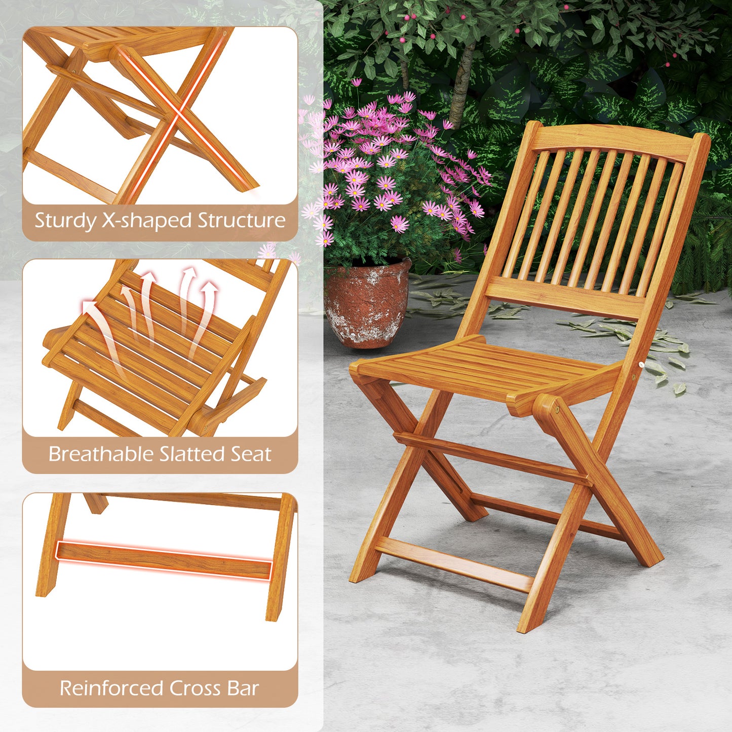 Folding Acacia Wood Patio Dining Chairs with Cushions, Set of 2
